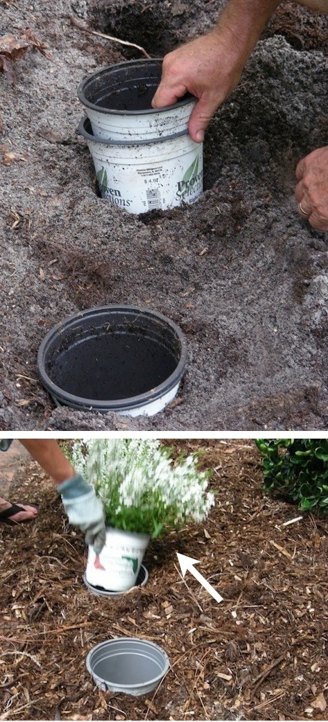 عمل حفرة ووضع قواوير الزراعة في الحديقة حتى يسهل عليك تغيرها بين فترة و اخرى