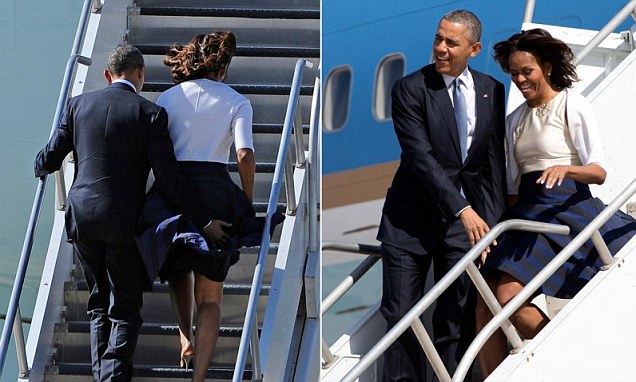صور و فيديو ، أوباما ينقذ ميشيل من موقف محرج بسبب تنورتها