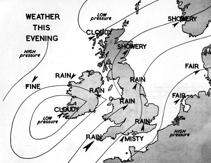 في نوفمبر من العام 1936 شهد العالم بداية عرض الخرائط التوضيحية للطقس في سلسلة تجربية, ولكن تلفزيون الBBC اغلق في تلك الفترة خلال الحرب العالمية الثانية, ولم يعاود بثه حتى العام 1949 ليعود بث الخرائط التوضيحية لتوقعات الطقس مرة اخرى .