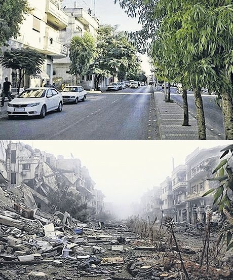شارع في حمص.. الصورة الاولى من العام 2011 والثانية من العام 2013.
