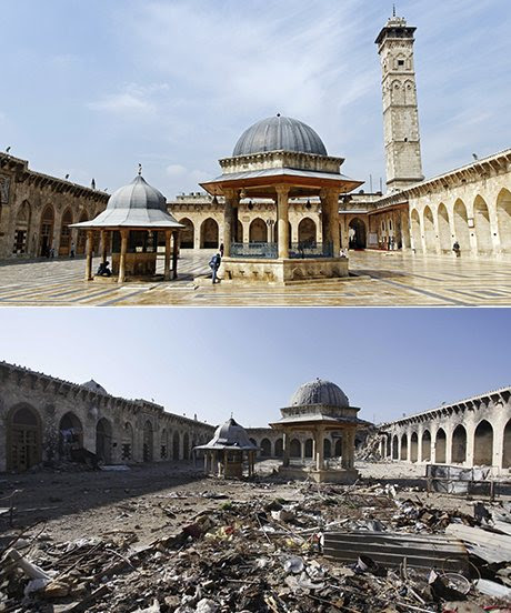 مسجد العميد في حلب الصورة الاولى من العام 2012 والثانية من  2013